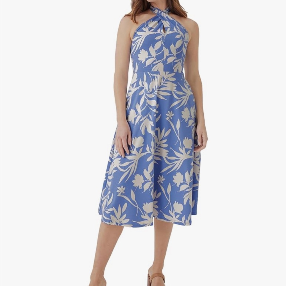 Pact Organic Cotton Large Fit & Flare Halter Dress Blue and White